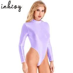 Womens Glossy High Cut Bodysuit Oil Shiny Long Sleeve One-piece Leotard Swimwear Swimsuit Sexy Sportswear Bathing Suit Beachwear