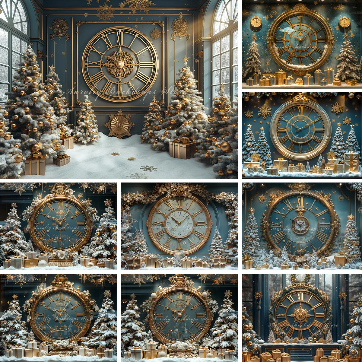 Christmas Clock Backgrounds Kids Adult Photography Props Child Baby Decors Xmas Tree Gift Box Street Snow Scenery Photo Backdrop