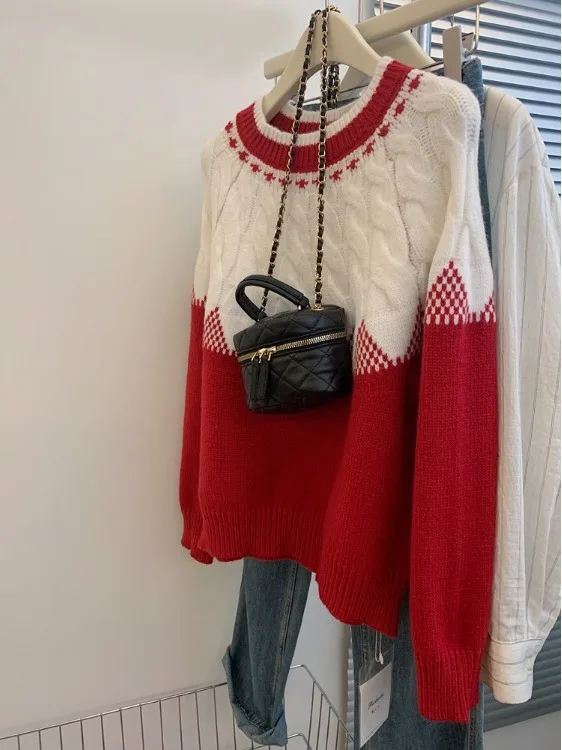 

Retro Twist Knit Sweater Soft Cozy Overhead Casual Anti-Aging Slimming Autumn Winter Outerwear Cotton Wool Blend round Neck