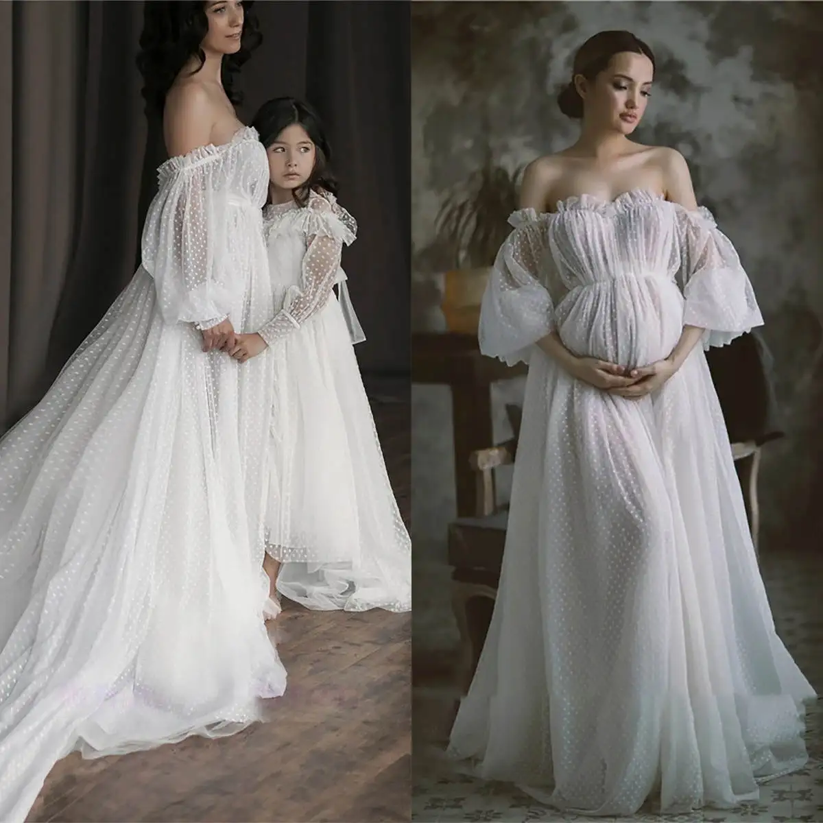 

Graceful Parent-child Dresses Women Robe Nightgown Bathrobe Maternity Dressing Gown for Photography Custom Made