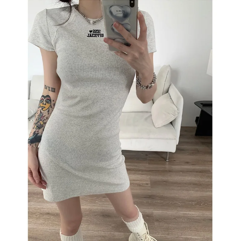 

Summer New Chic Letter Embroidery Casual Pure Cotton Dress Women Slim O-neck Solid Color Versatile Short Sleeve Elegant Dresses