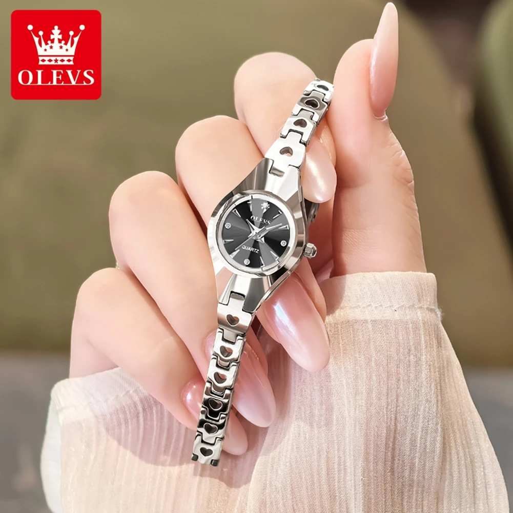 OLEVS 7082 Top Luxury Brand Women Watch Classic Hollow Heart Tungsten Steel Strap Original Rhombus Mirror Women Quartz Watch