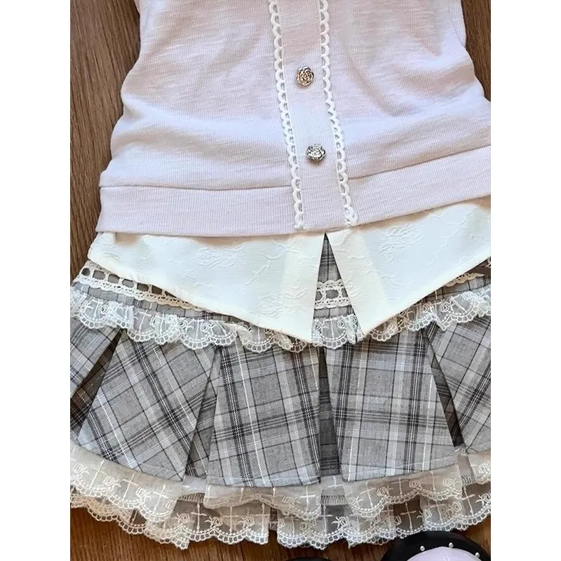 Women's pink lace patchwork top with large bow and puff sleeves, gray plaid high-waisted pleated skirt two-piece set, Lolita style, Japanese sweet girly style, soft girl style, JK style, Harajuku style, princess style, retro cute, age-reducing, slimming, fitted outfit for spring and summer, daily wear, dating, shopping, photo shoots, parties, anime conventions, campus style, two-dimensional girl, school uniform style, fashionable outfit with bow decoration, lace trim, plaid pleated skirt, sweet and cool girl view 5