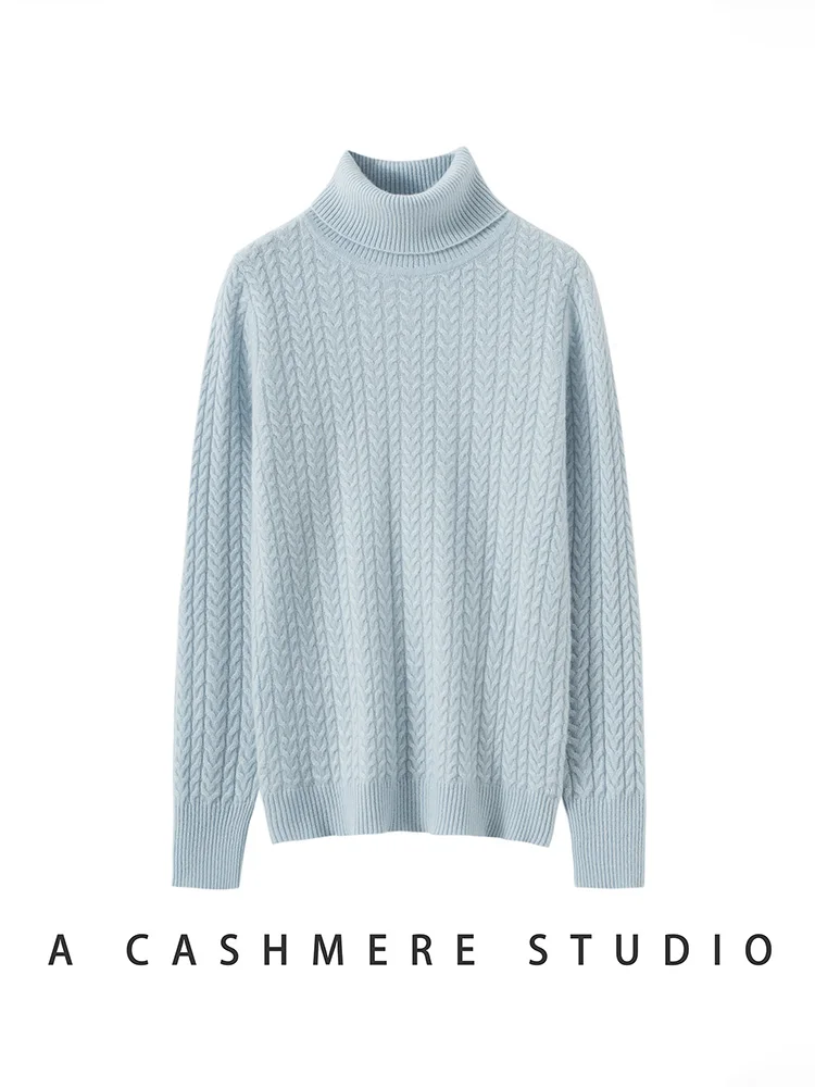 2025New mujeres 100% suéter de cachemira cuello alto Cable tejido básico jersey de manga larga Otoño Invierno suave cálido Casual prendas de punto Tops