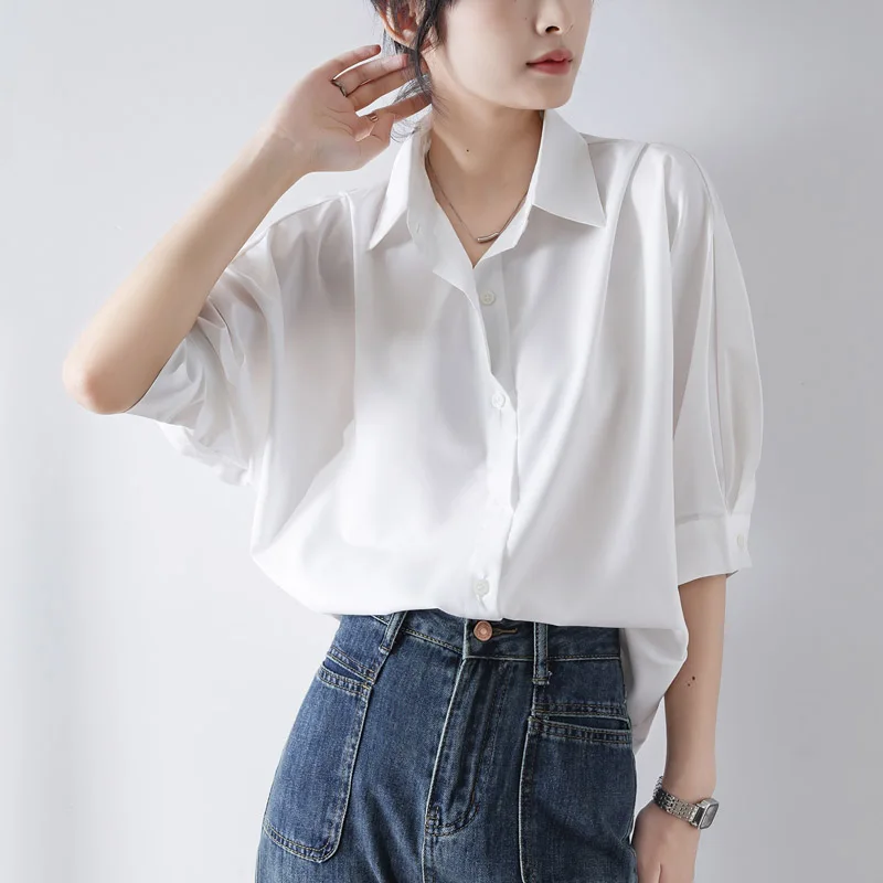 

White Shirt for Women Summer Light Luxury Unique Lantern Lazy Loose Commuter Half Sleeve Comfortable Wrinkle-Resistant Wh