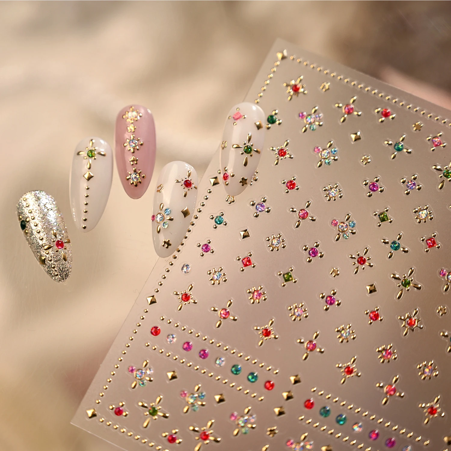 Noble Shimmering Colourful Mini Rhinestone Shivering Starburst Delicate Embossed Gold Stamping Nail Art Stickers Manicure Decals