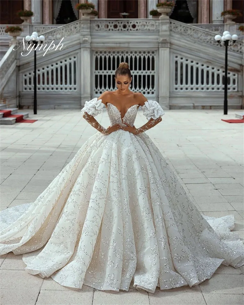 

Nymph Glitter Wedding Dress Sequins Beading Ball Gown Detachable Full Sleeve Strapless Bride Zipper Customized Vestido De Novia