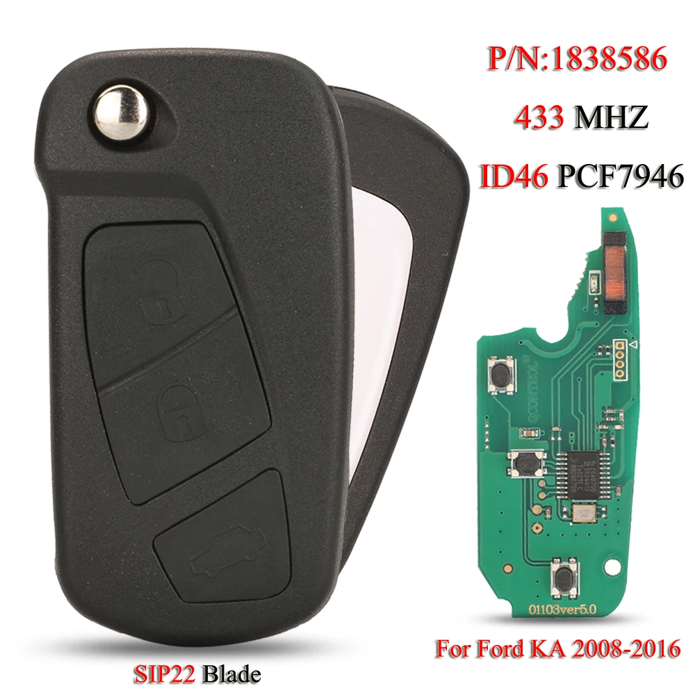 

jingyuqin 1838586 Folding Remote Car Key For Ford Ka 2008 - 2016 433MHZ ID46 PCF7946 Chip 3 Buttons With SIP22 Blade