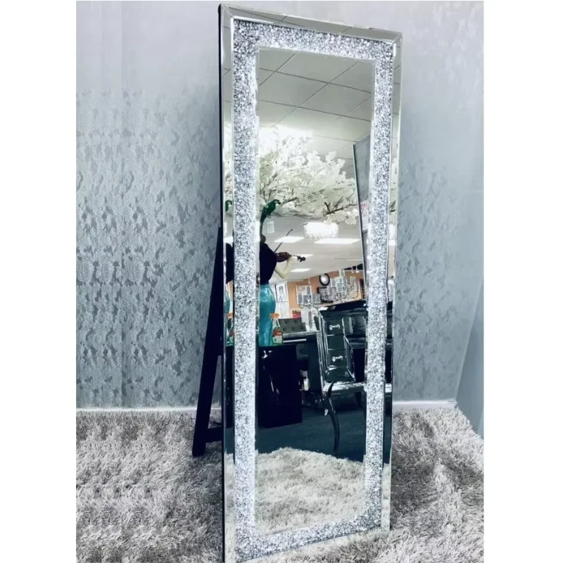 

Rectangular diamond LED floor mirror family hotel shiny decorative wall mirror