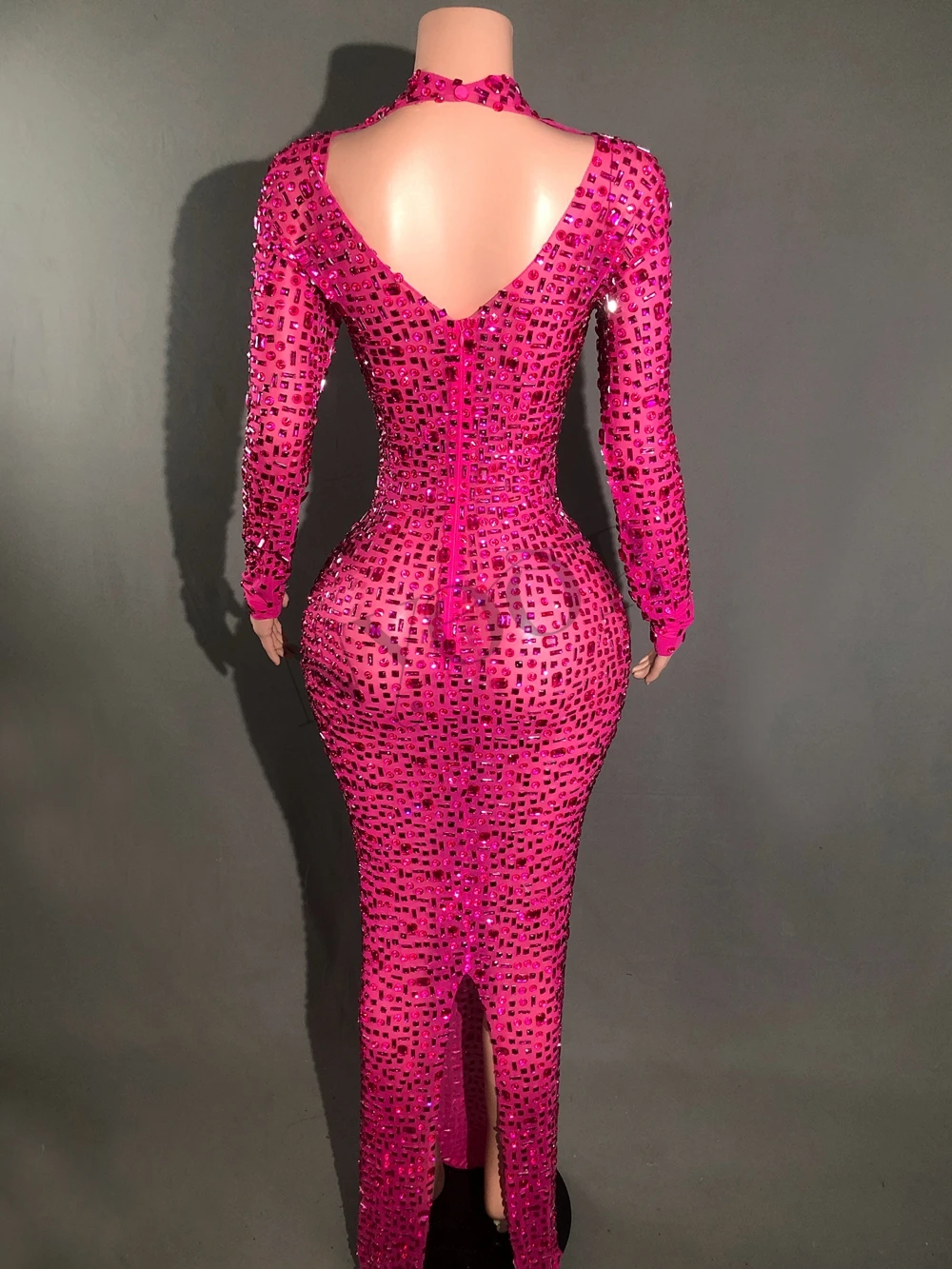 Vestido largo de manga larga con diamantes de imitación brillantes para mujer, vestidos sexys de malla para celebración de cumpleaños, vestidos de fiesta de noche, ropa para sesión de fotos