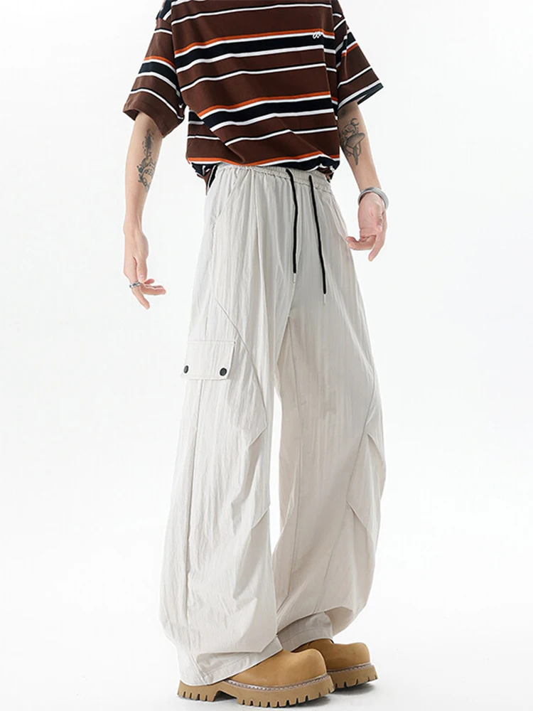 

Мужские летние брюки из ледяного шелка с эффектом прохлады, свободного кроя, больших размеров, широкие прямые штаны в американском рабочем стиле, модель парашютные брюки