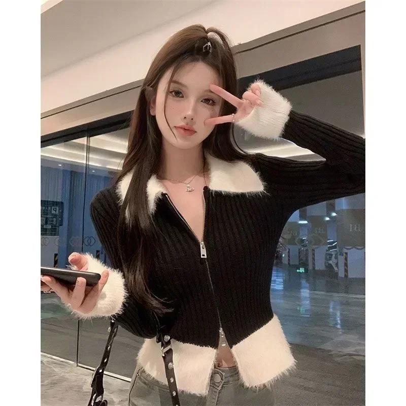 Fur Collar Cardigan Sweater Women Faux Fur Y2k Crop Tops Elegant Fashion Zipper Knitted Coat Korean Popular Style Red Pink Black