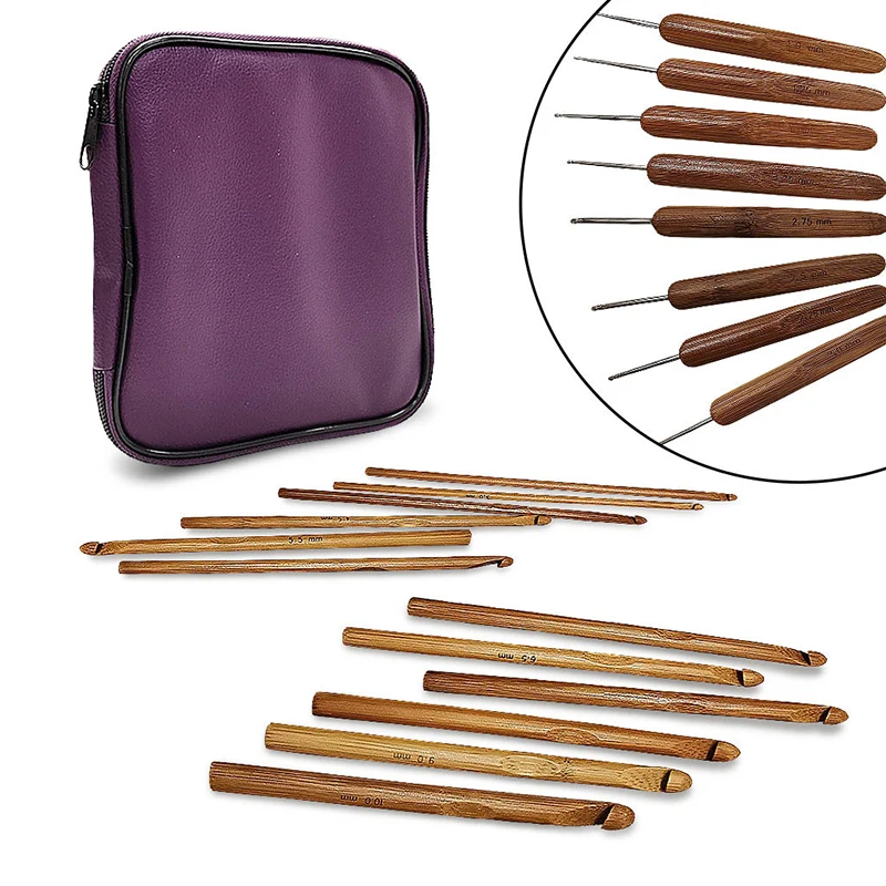 20PCS Bamboo Crochet Tool Sweater Needle Carbonized Bamboo Handle Circular Crochet Purple Bag Household Sewing Accessories TMZ