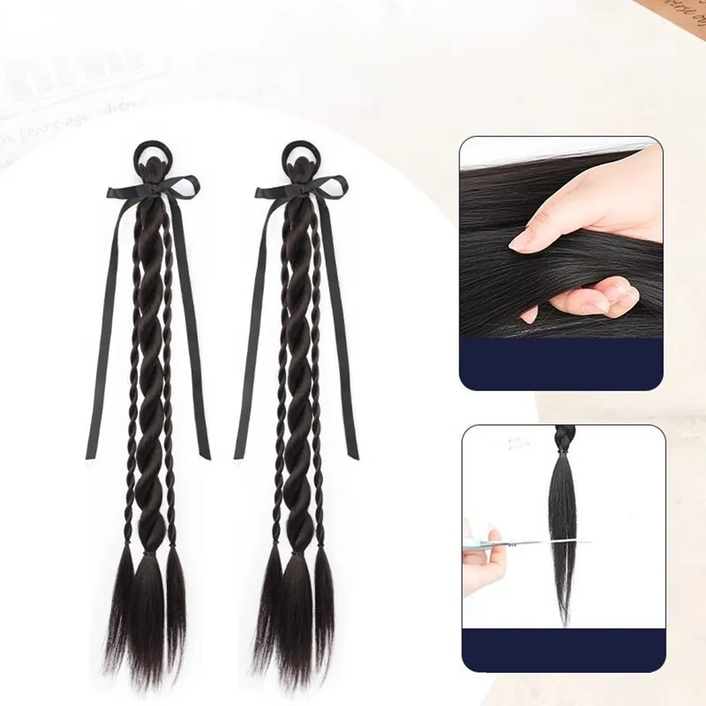 Synthetic Wig Double Twist Braid Head Rope Ribbon Female Sweet Natural College Style Bow Tie Double Ponytail Wig Head Rope