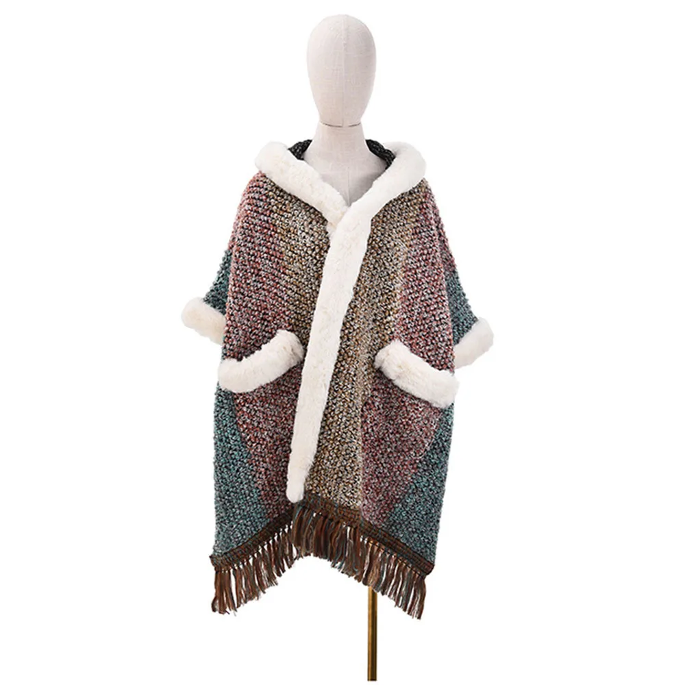 Ethnic Wind Colorful Hooded Shawl Lady Tassel Faux Wool Coat Women Long Elegant Poncho Jacket Knitted Cloak Capes Female Outwear