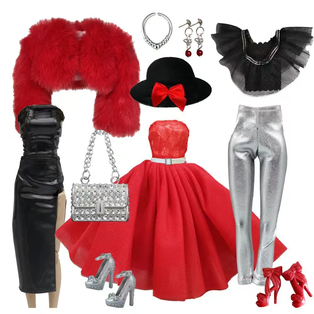 

Fashion Plush Coat + Red Evening Gown + Black Leather Dress + Earrings + Necklace + Handbag Set For 1/6 FR Babi Supermodel Doll