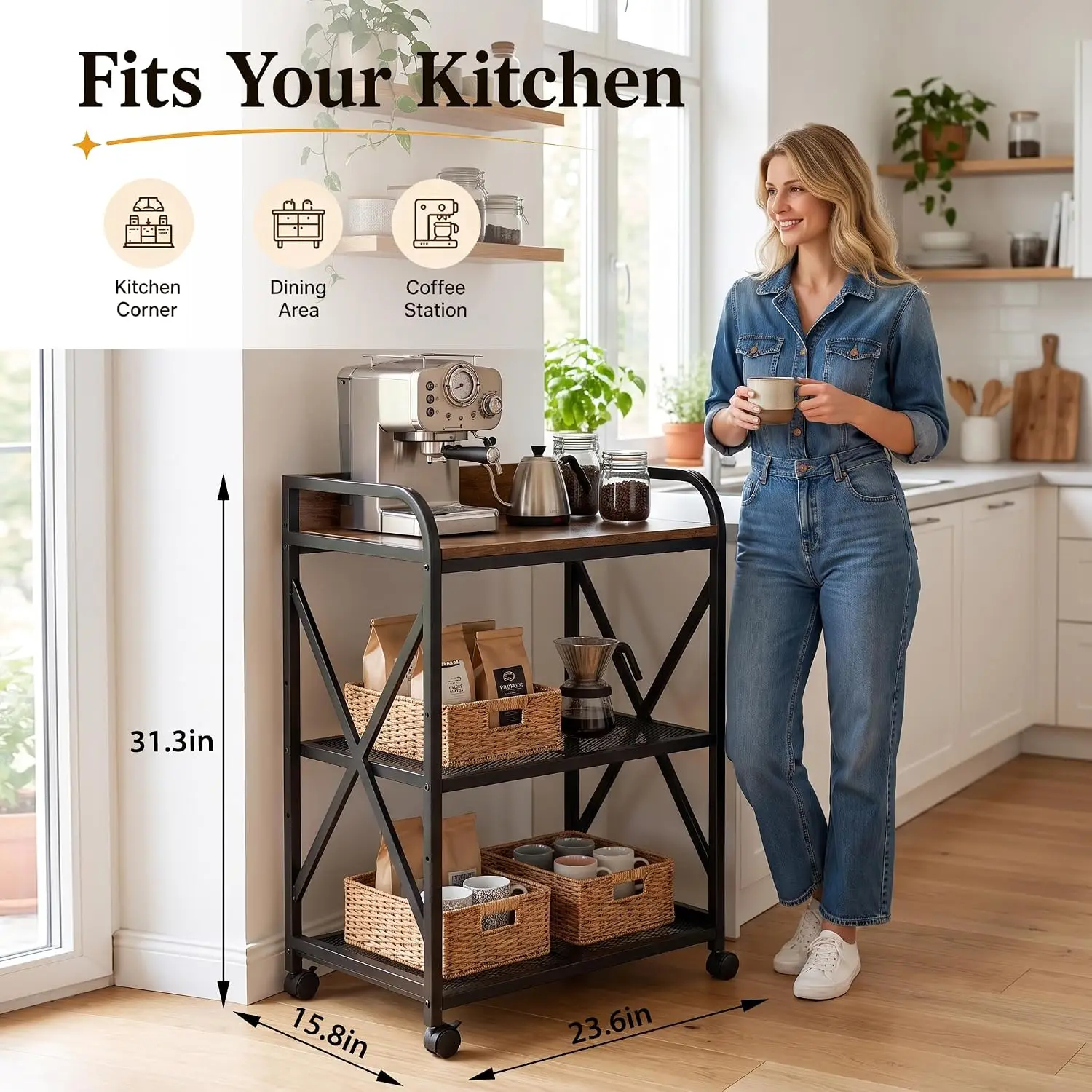 Rolling Kitchen Microwave Cart, 3 Tier Microwave Table Stand with Storage, Kitchen Utility Carts on Lockable Wheels