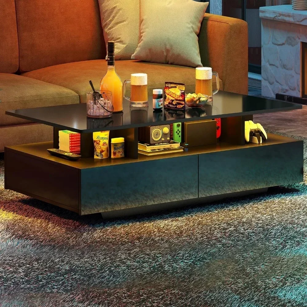 LED Coffee Table, High Glossy LED Coffee Tables for Living Room  with Open Display Shelf&Sliding Drawers Small Center Table