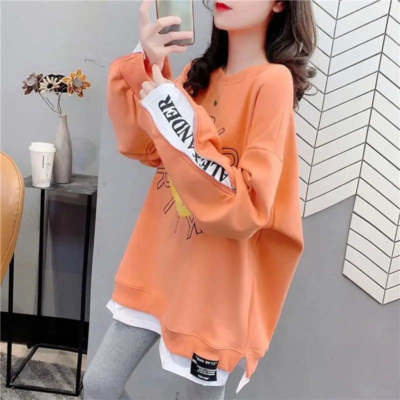 

Female Top Baggy Loose Splicing Autumn and Winter Pullovers Graphic Round Neck Warm Women's Sweatshirts Thick Cold Cheap New In