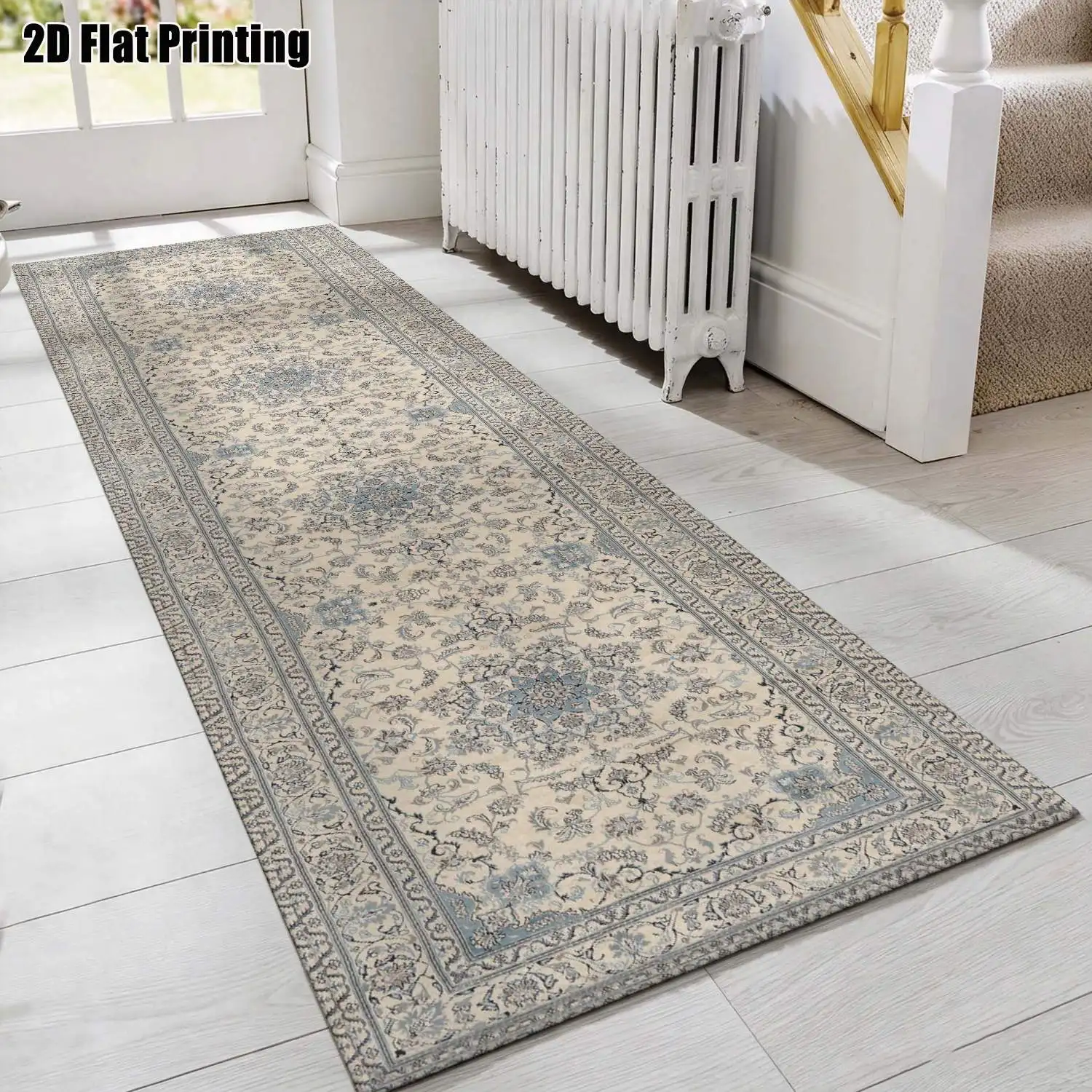 1Pc 2D Printed Long Strip Rug Blue-Grey Retro Patterned, European/Bohemian/Geometric Simple Style, Home Decor, Multi-Size, Machine Washable, Suitable for Entrance, Hallway, Living Room, Bedroom.