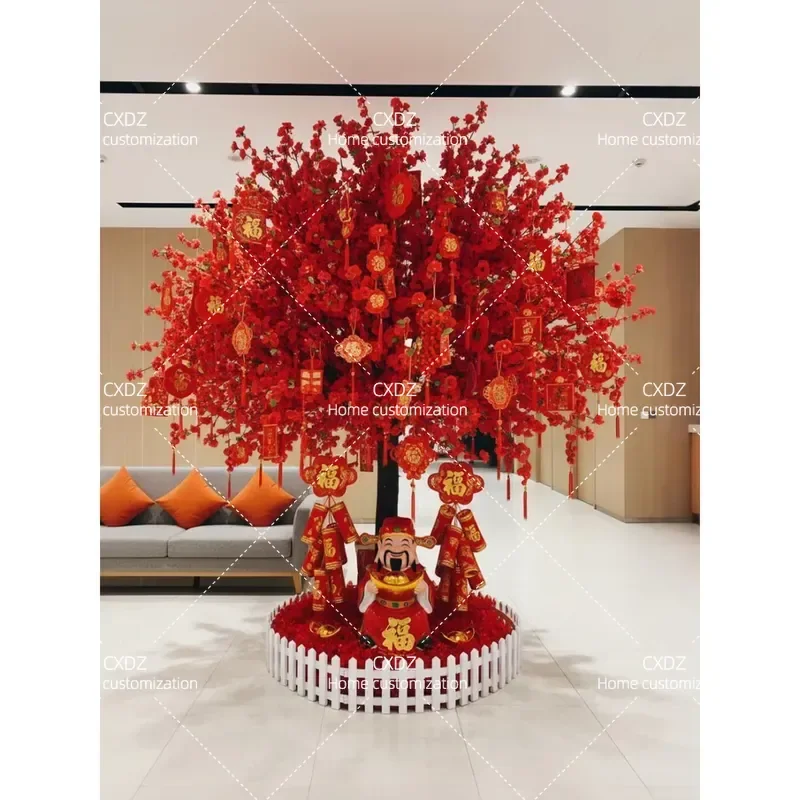 Simulation Peach Blossom Tree Red Chinese Style Wishing Tree Fortune Red Envelope Fake Flower Arrangement New Year Floor