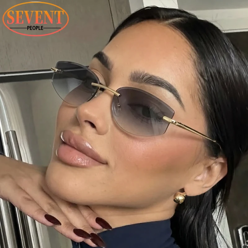 

Y2K Punk Small Rectangle Rimless Sunglasses Women 2026 Luxury Designer Vintage Metal Frame Square Sun Glasses Polygon Shades