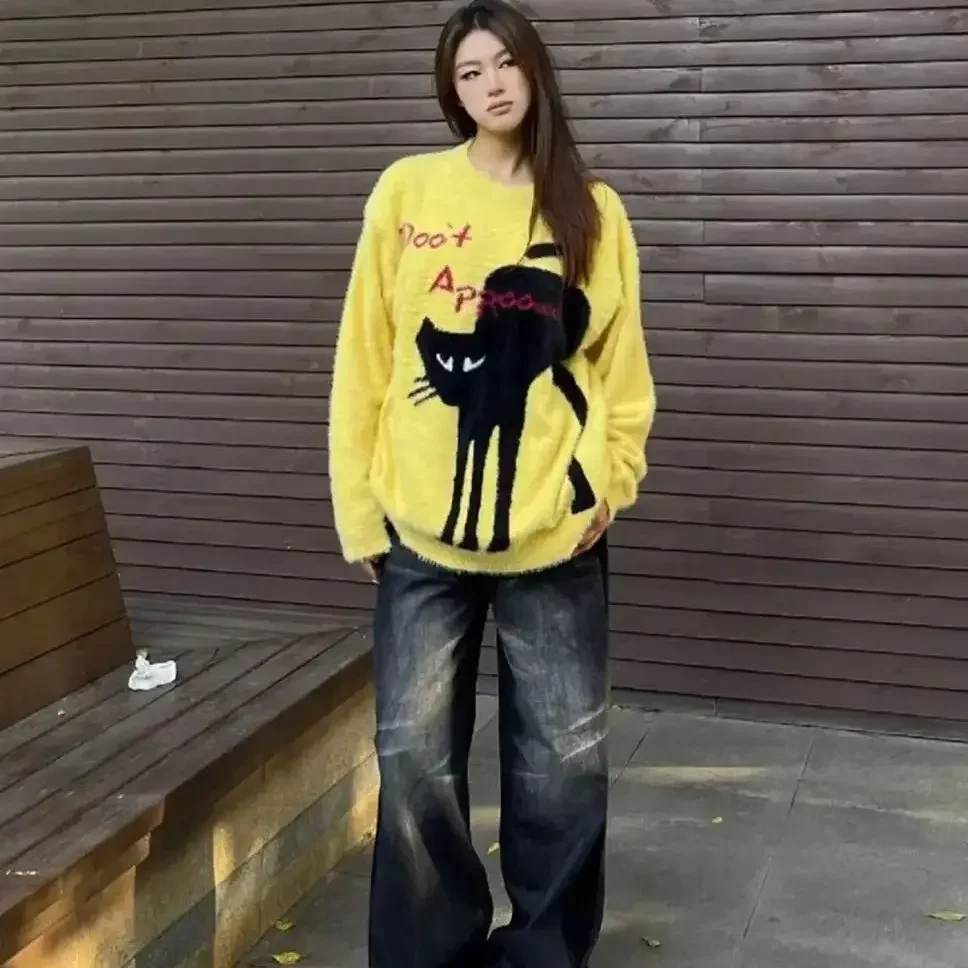 

Женский свитер с рисунком кота, жаккардовый стиль, круглый вырез, высокое качество, джемпер, свободный, повседневный, универсальный, зимний, Y2K