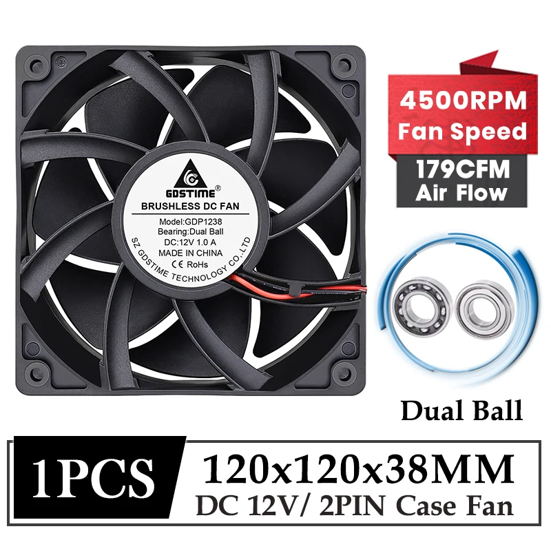 Gdstime DC 12V Fan 120MM Cooler Fan 120MM*38MM Dual Ball Brushless Cooling Fan 12038 High Speed 4500RPM 2PIN PC Case CPU Fan