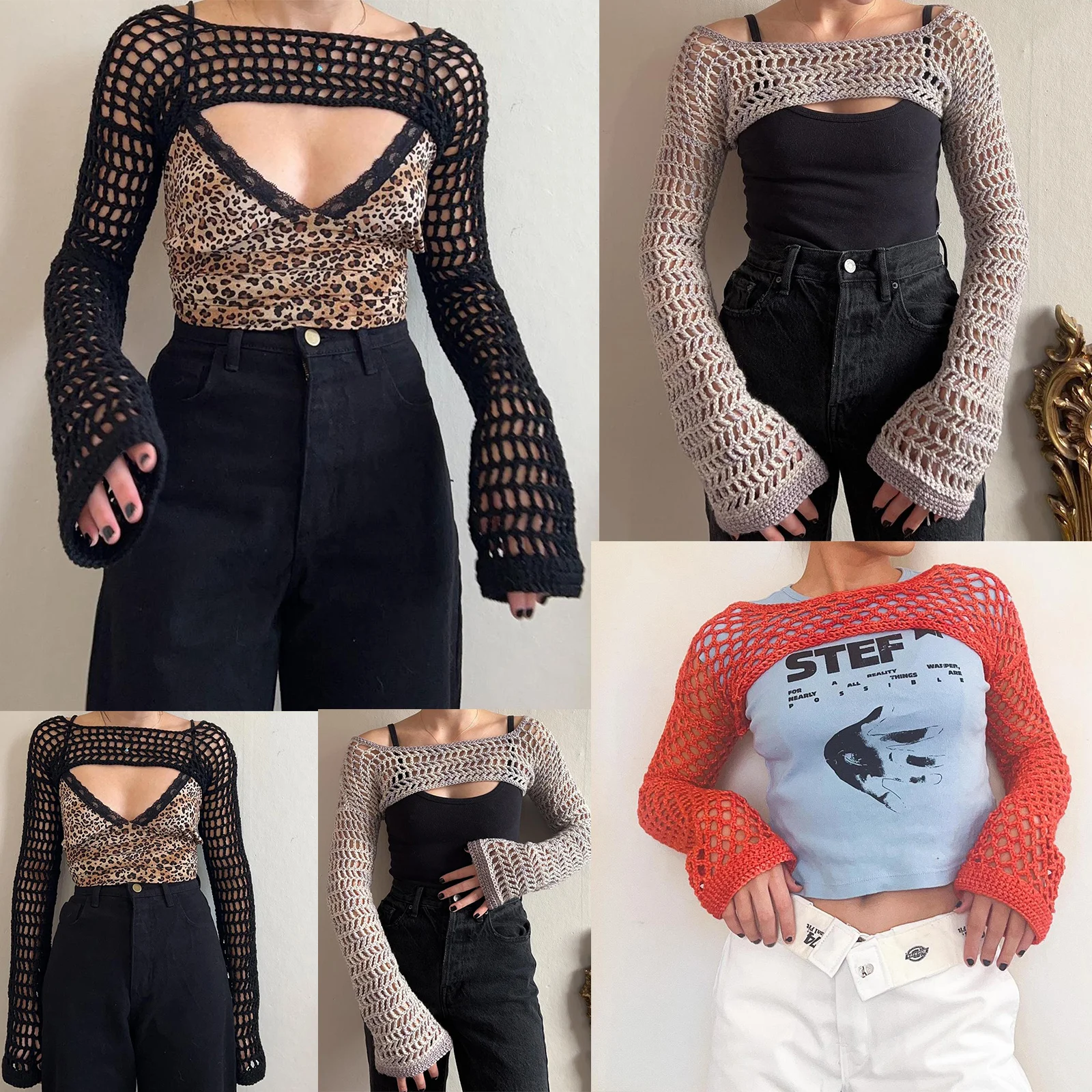 2024 Women's Y2K Crochet Shrug Long Sleeve Open Front Bolero Shrug Cropped Cardigan Sweater Casual Knitted Cover-Ups Crop Tops