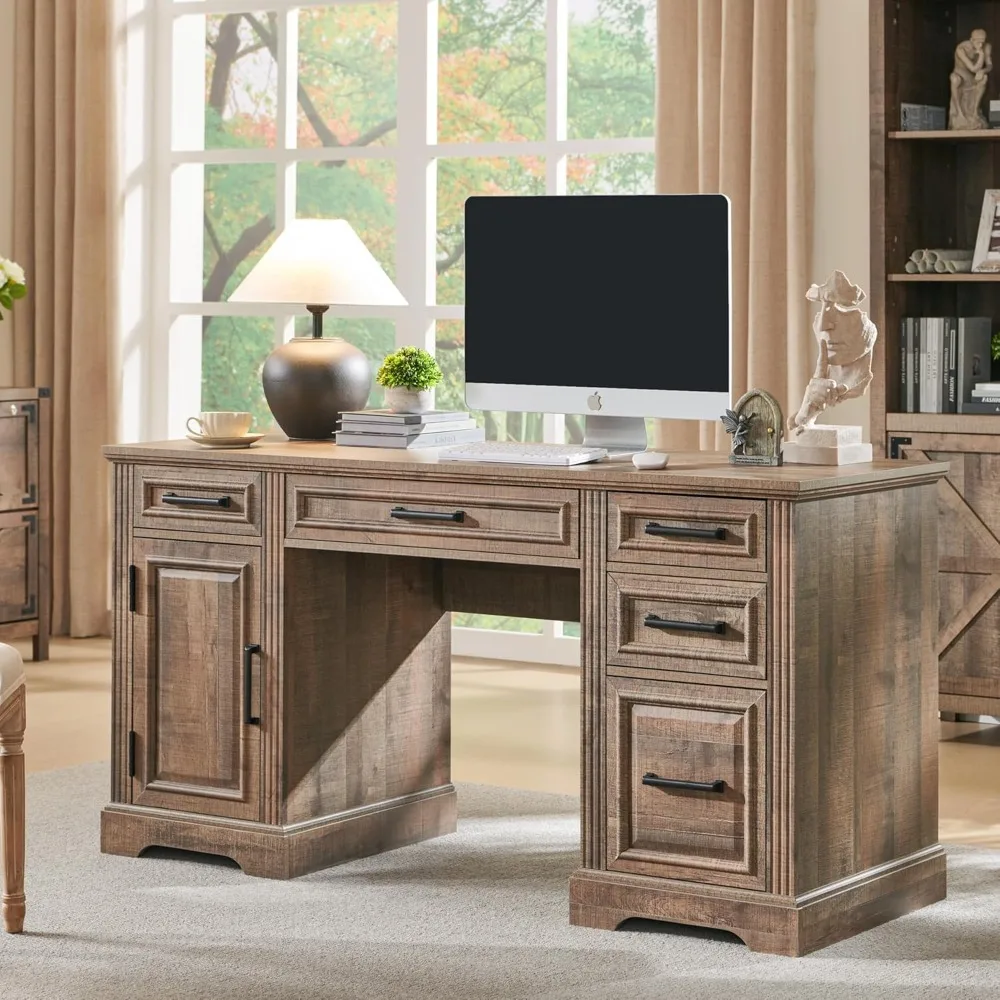 Farmhouse Style Computer Desk with Drawers and Cabinet, Embossed Textured Home Office Desk, Work Study Writing Space