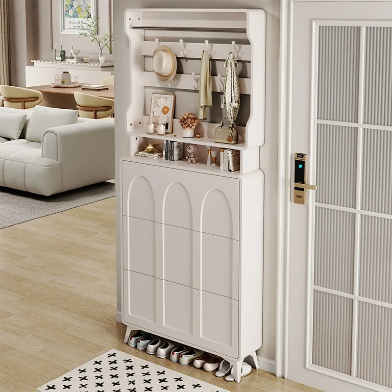 

Cream wind ultra-thin tipping bucket shoe cabinet, household door entry storage cabinet integrated against the wall shoe rack