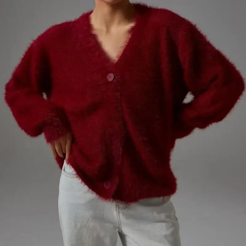 

Модный повседневный женский кардиган с v-образным вырезом, свитер из искусственного норкового вязания, свободный крой, ленивый стиль, хлопковый вязаный свитер, новый стиль