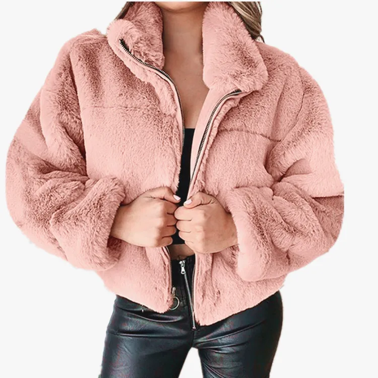 Chaqueta cálida de invierno 2025 para mujer, cárdigan con cremallera, piel sintética, moda, manga larga, cuello levantado, abrigo de felpa para mujer