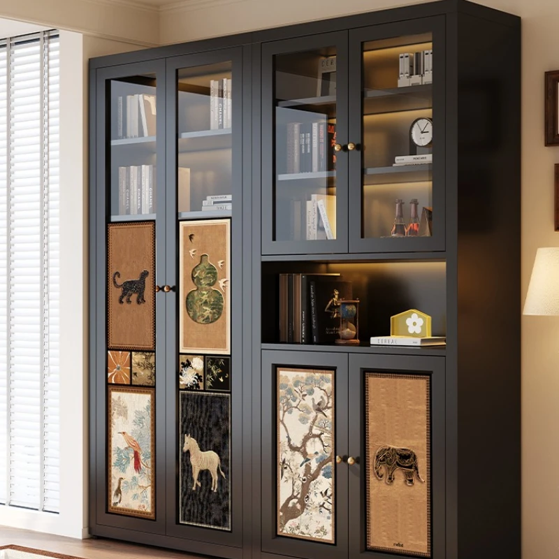 Medieval style book cabinet shelf glass display wrought iron steel bookshelf storage metal living room