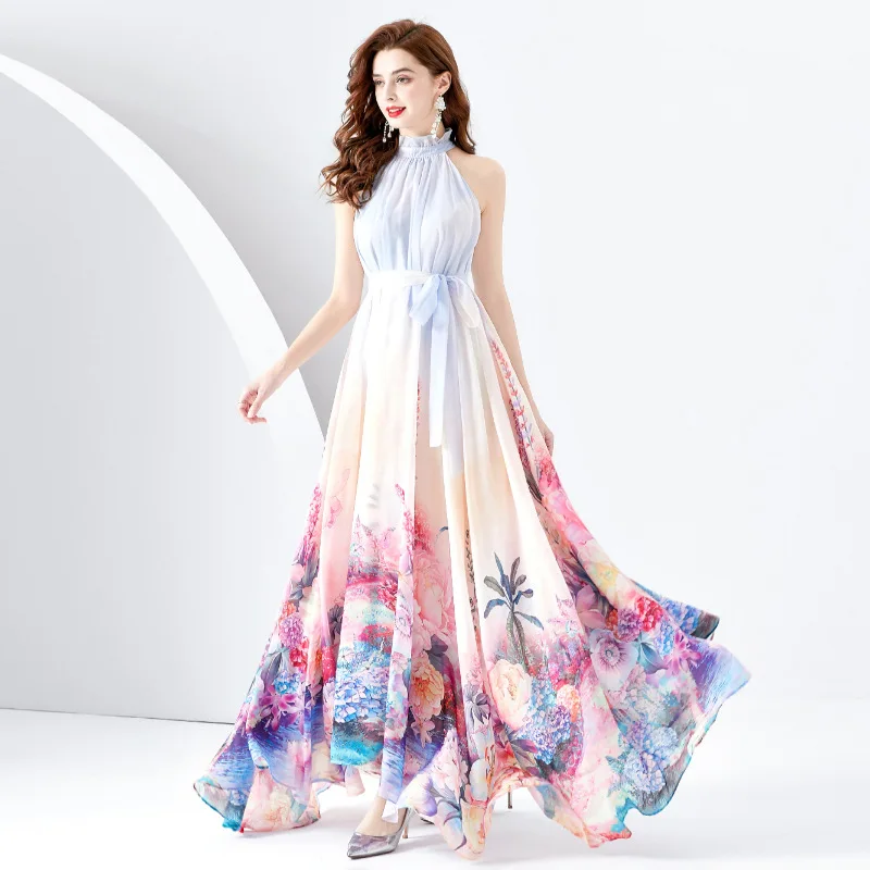 

2024 New Summer Holiday Flower Print Halter Long Chiffon Dress Women's Sleeveless Stand Collar Robe Belt Bohemian Beach Vestidos