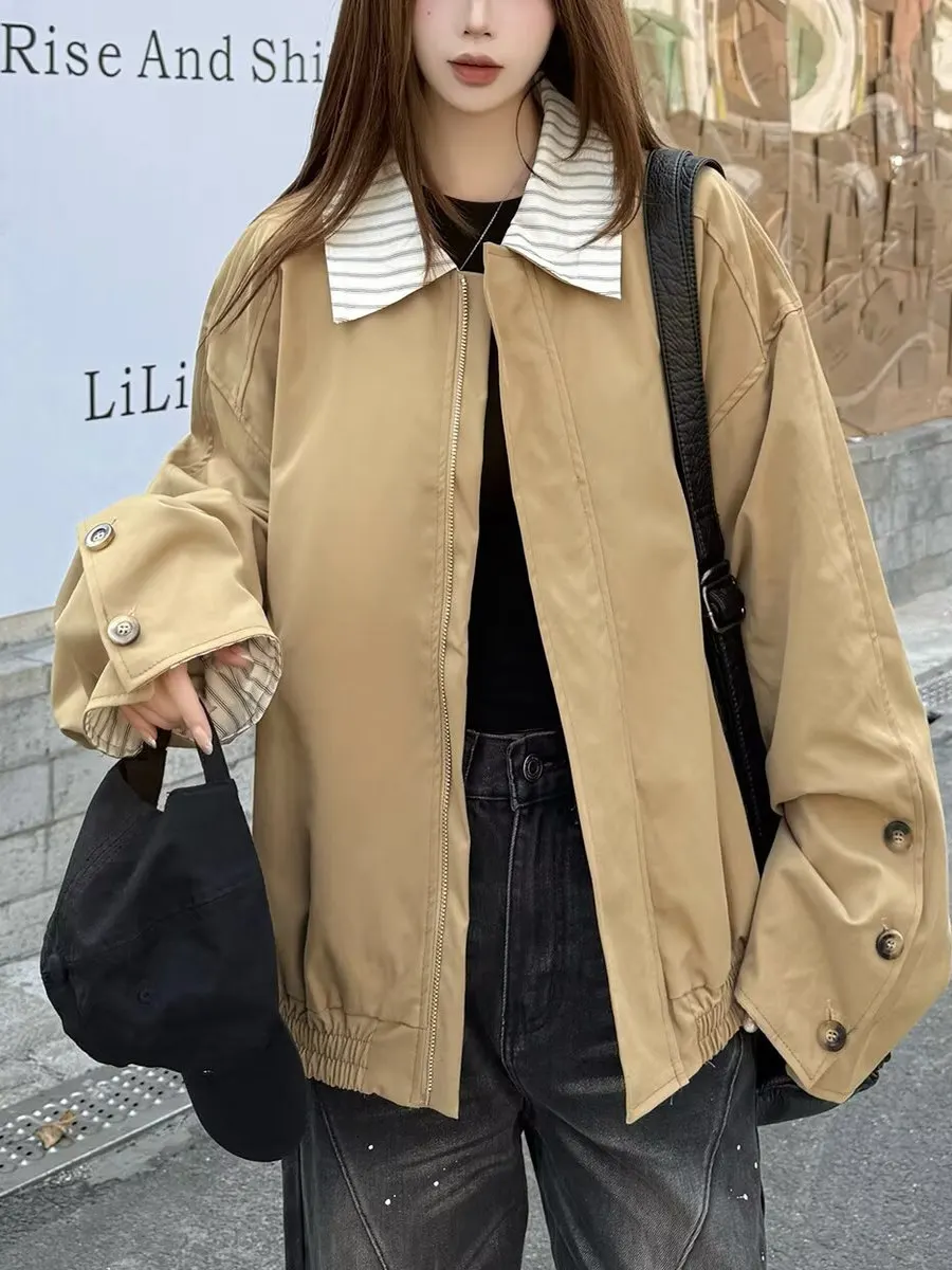 

Korean High Street Sle Women's Jaet Coat Loose Fit Casual Sle Autumn Winter New Vintage Hong Kong Sle Slimming Windbr...