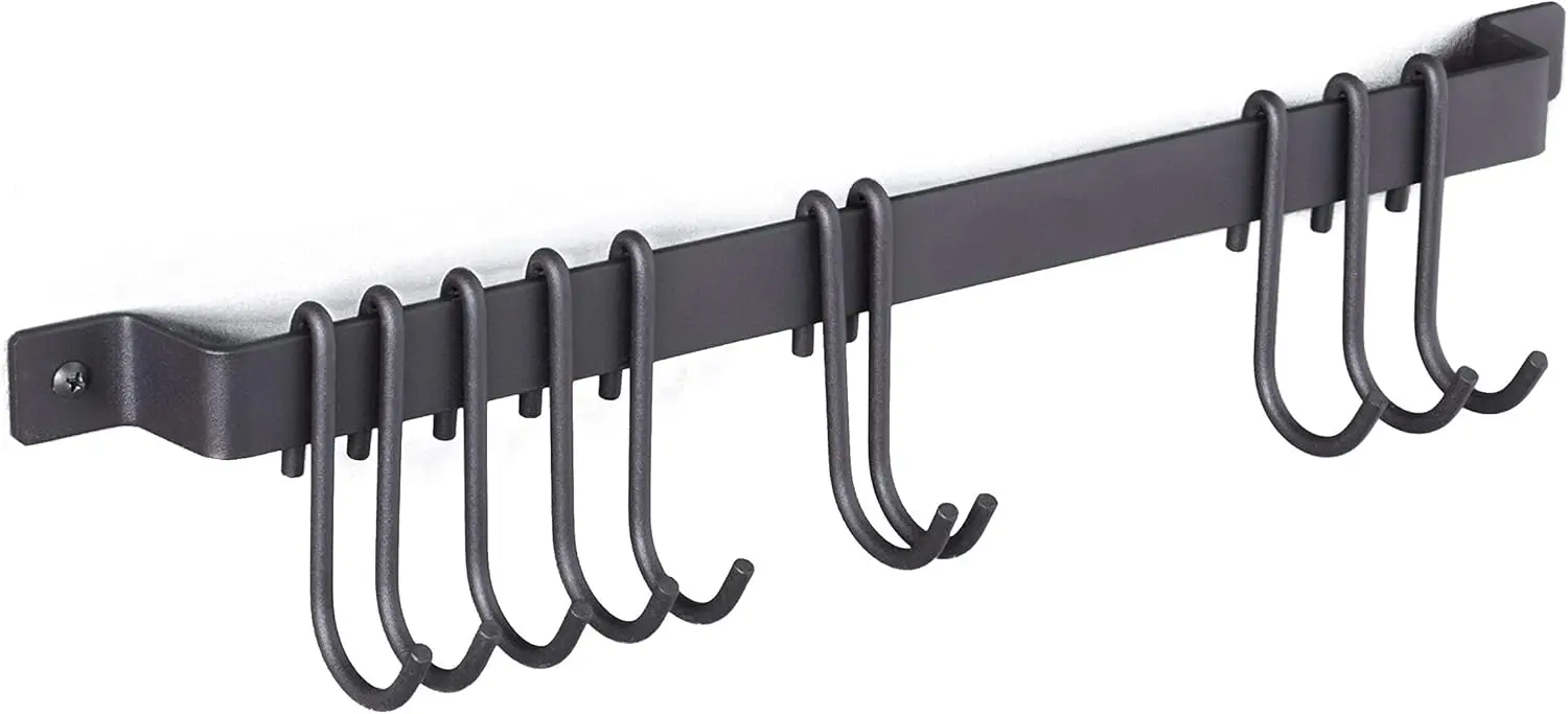 

17-Inch Wall Mounted Kitchen Rail with 10 Hooks, Black Wrought Iron Utensil Rack
