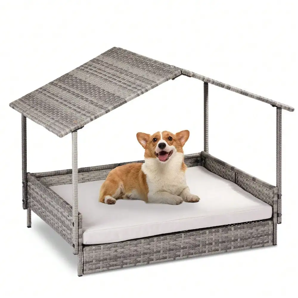 

Wicker Dog House Elevated Rattan Dog Bed with Canopy, Washable Cushion Cover