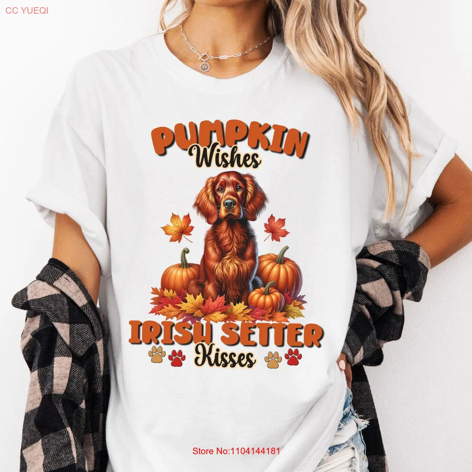 

Irish Setter Fall T shirt Pumpkin Wishes Holiday Thanksgiving Autumn Leaves Comfort Colors 1717 Dog Lover for Women