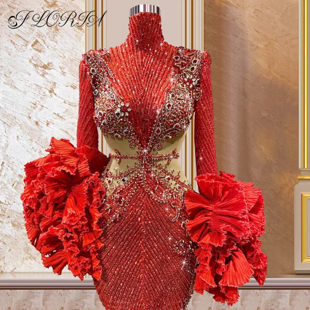 Robe de Soirée Luxueuse en Forme de Sirène Rouge à Volants et Manches sulf, Tenue de Soirée de Mariage en Perles de Clip, Couture Formelle, Nouvelle Collection