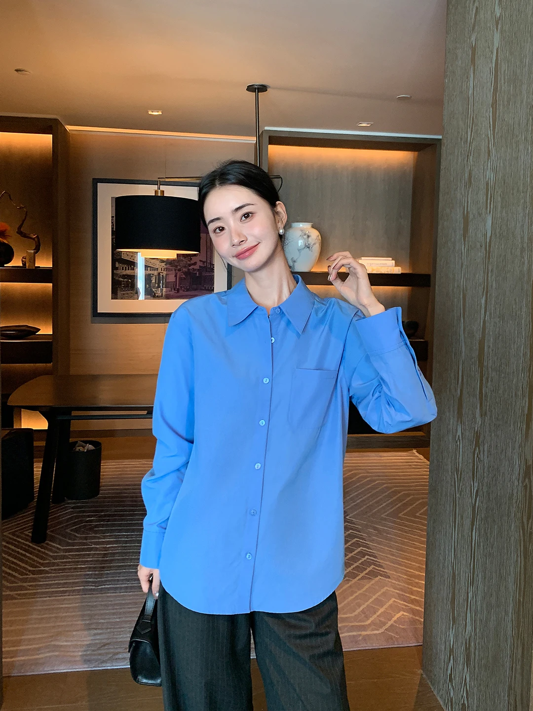 

Maven Lin Casual Sle Long Sve Loose Women's irt Blue Polyester Cotton Blend Comfortable Commute Faionable Layering