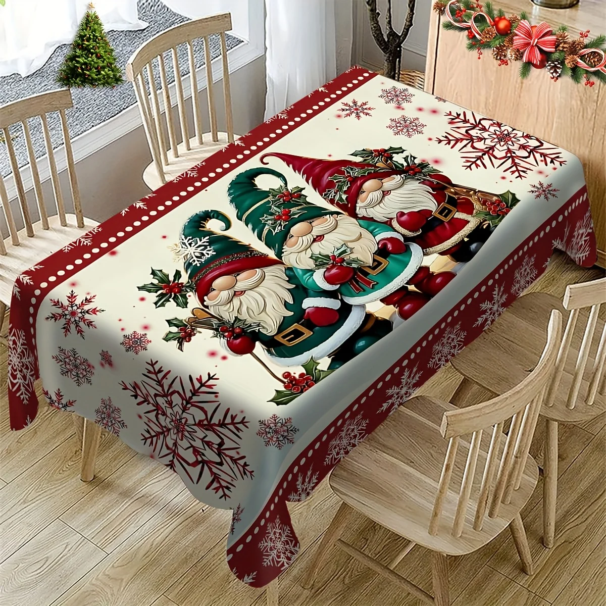 -1P Features a Vibrant Goblin Print Tablecloth Suitable for Festive Dining And Parties, Adorned with Christmas Elements Like Holly, Snowflakes, And Berries. Made from Machine-Produced Polyester Fabric