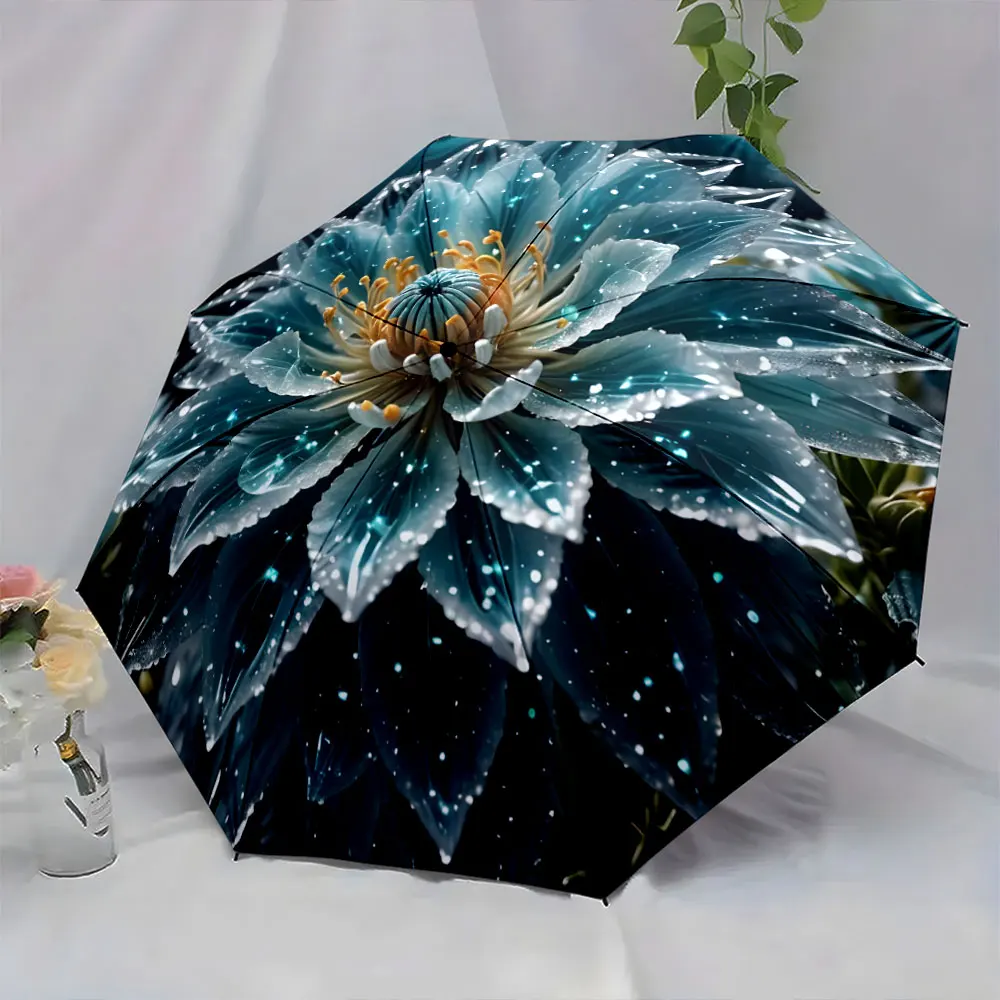 1PC Stunning Floral Umbrella Art: A Fusion of Nature and Design Print 8 Iron Ribs Folding Umbrella Auto-Open Fashion Sunshade