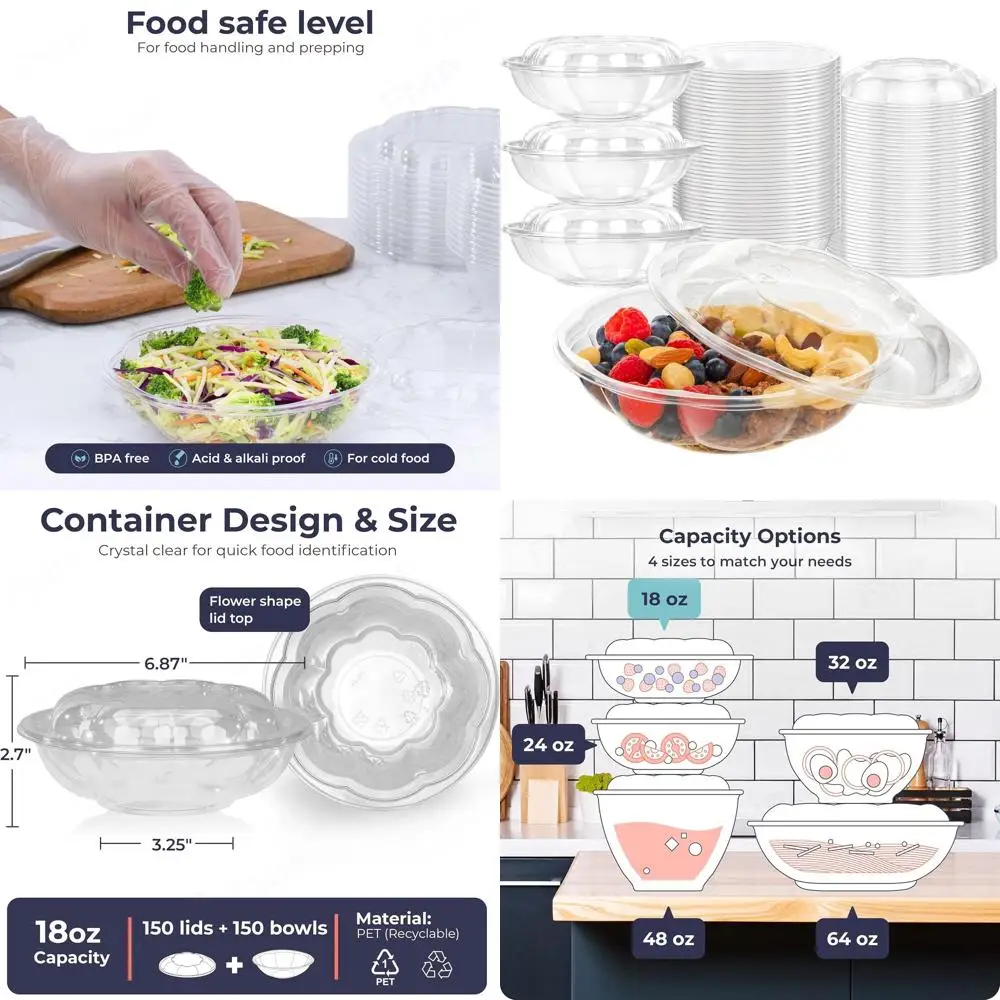 

Прозрачные пластиковые салатницы с крышками, 18 унций, идеально подходят для еды на вынос, обедов, вечеринок и кейтеринга