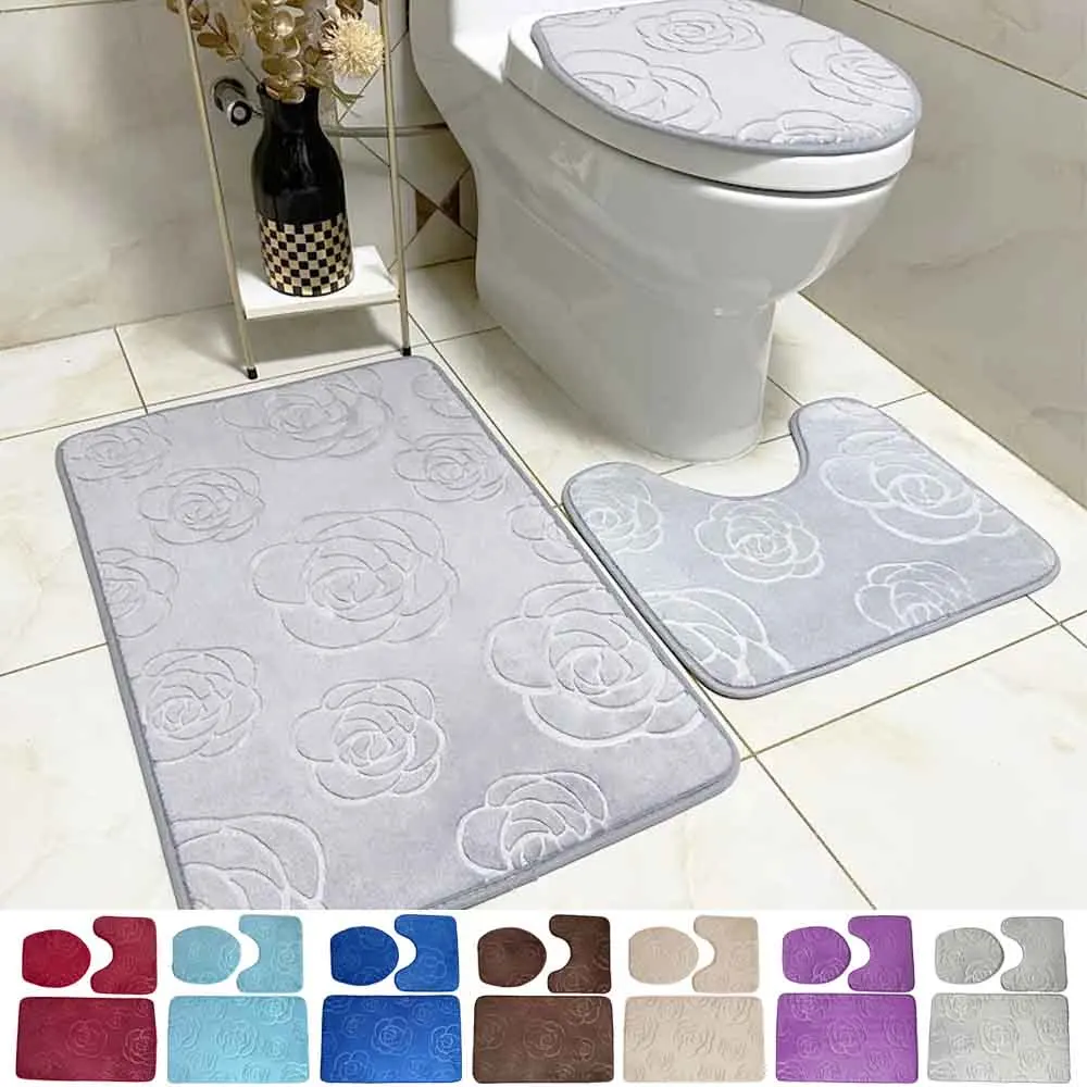 

3PCS Rose Bath Mat Bathroom Rug Non Slip Area Mat Coral Fleece Bath Floor Mat Soft Absorbent Washable Carpet Shower Doormat 발판매트