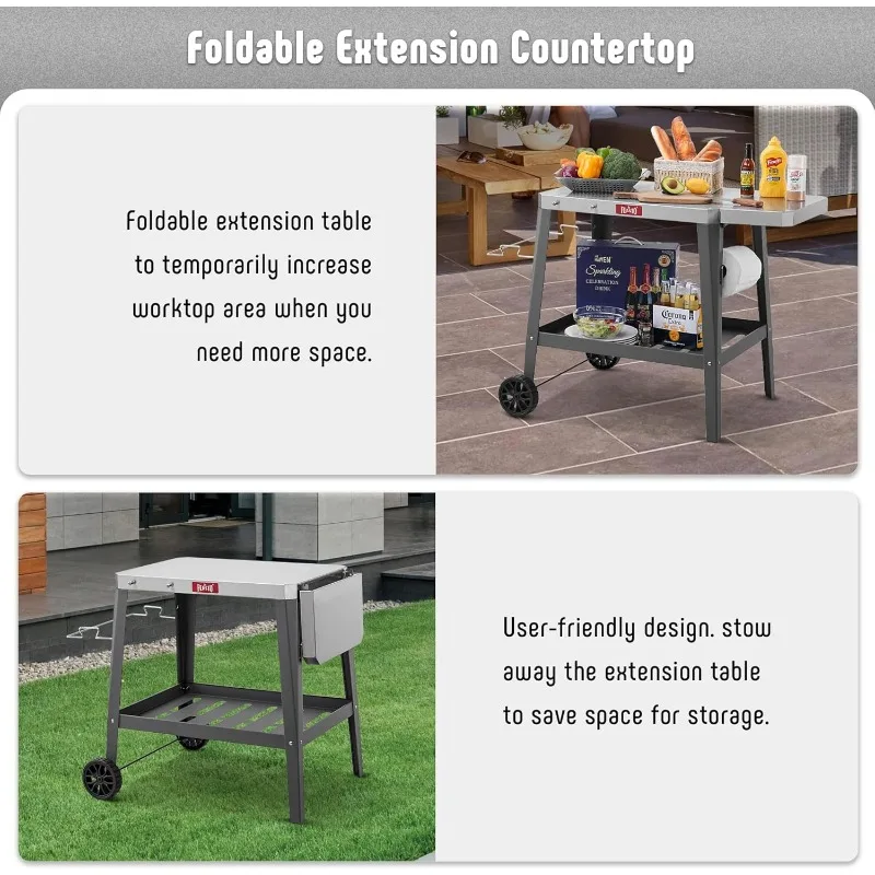 Carrinho de mesa para grelhar ao ar livre, mesa para forno de pizza com rodas, bancada de aço inoxidável com mesa de extensão dobrável