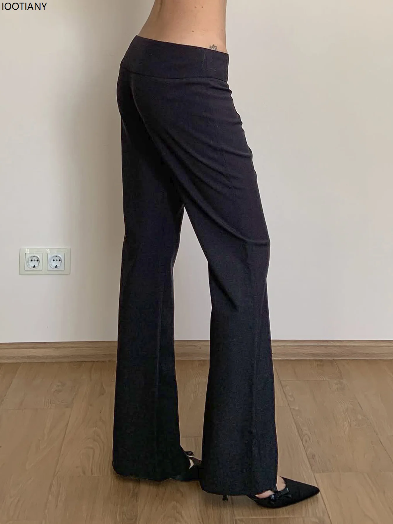 Low-rise Black Casual Pants Women's Button-down Slim Flare Pants Vintage 2000s Solid Harajuku Capri Pants Bootcut Trousers 2025