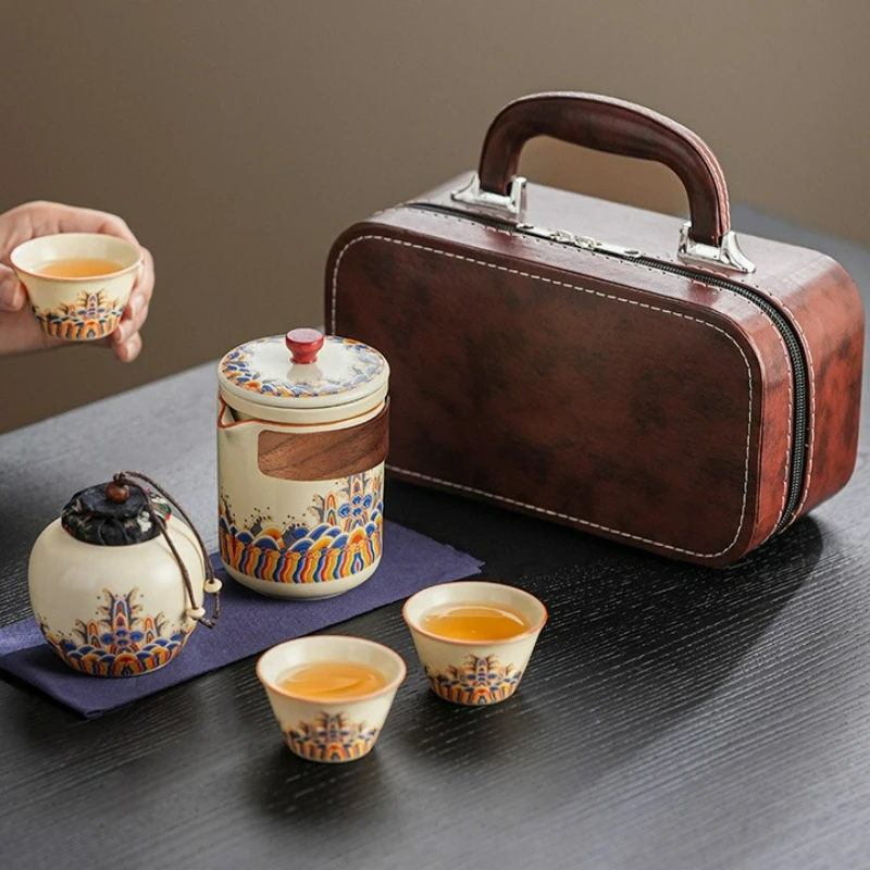 

Chinese Ru Kiln Kung Fu Teaset Portable Travel Outdoor Household Ceramic Teapot Tea Canister Tea Cup Tea Sets Leather Bag New