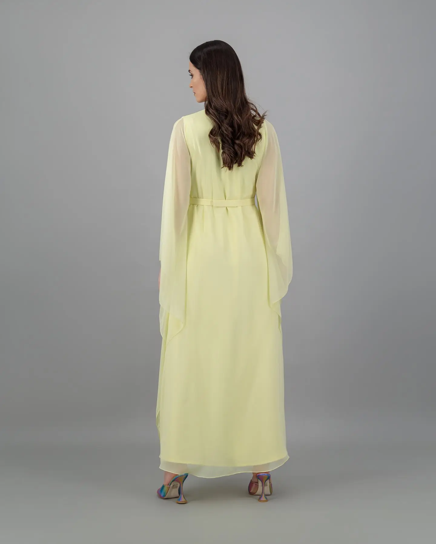 فستان سهرة كلاسيكي مخصص برقبة على شكل حرف v شيفون بأكمام طويلة وطيات مزاجية وحزام لون الصورة فيستدو دي فيستا رداء السهرة