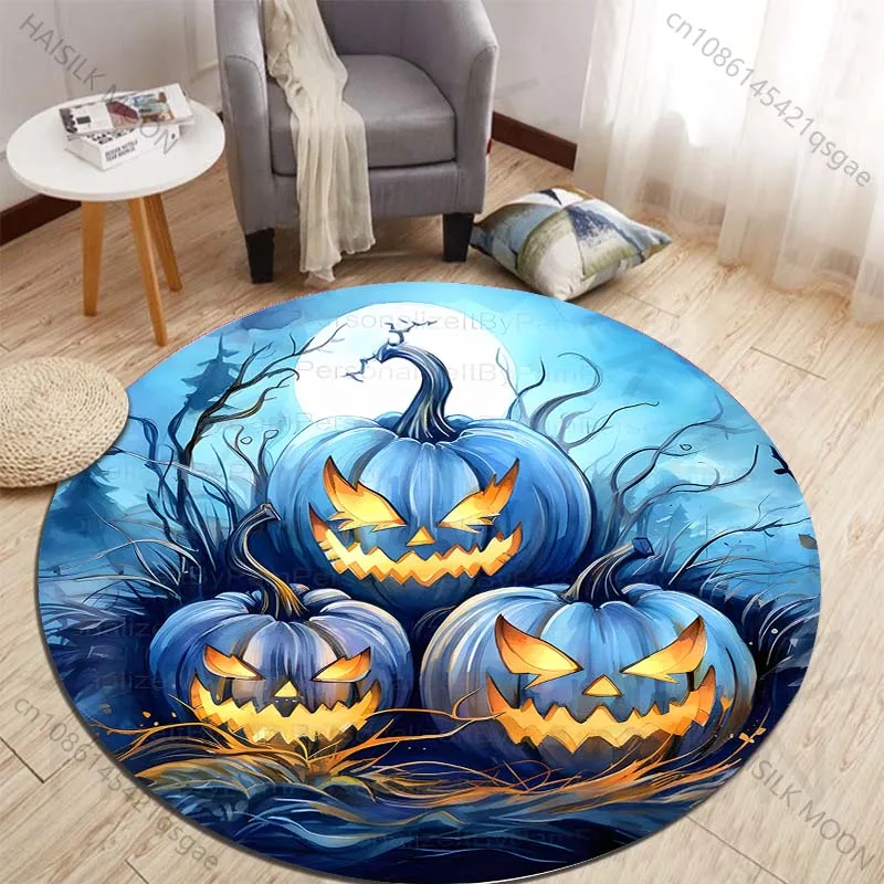 Glowing blue pumpkins under a spooky moon Printed round carpet living room sofa table carpet large pet mat soft round carpet